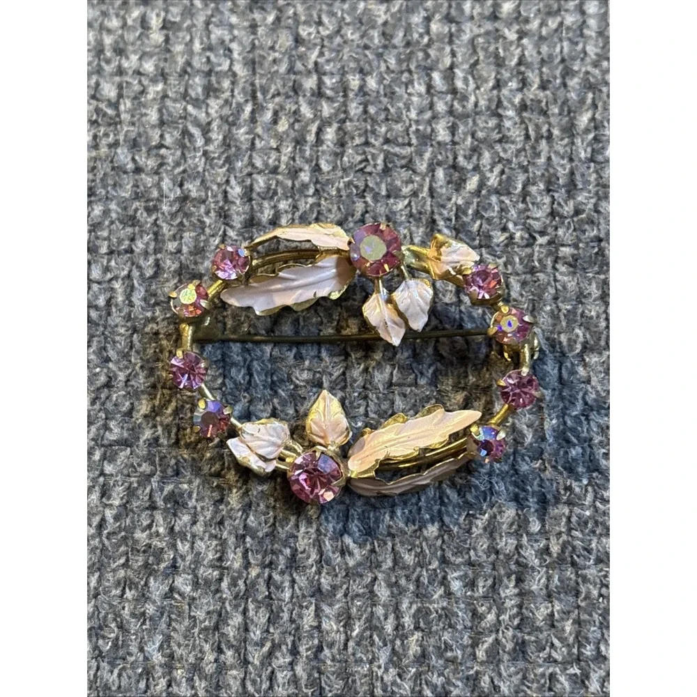 Vintage Pink Flower Wreath Brooch Pin Gold Tone Rhinestone Austria